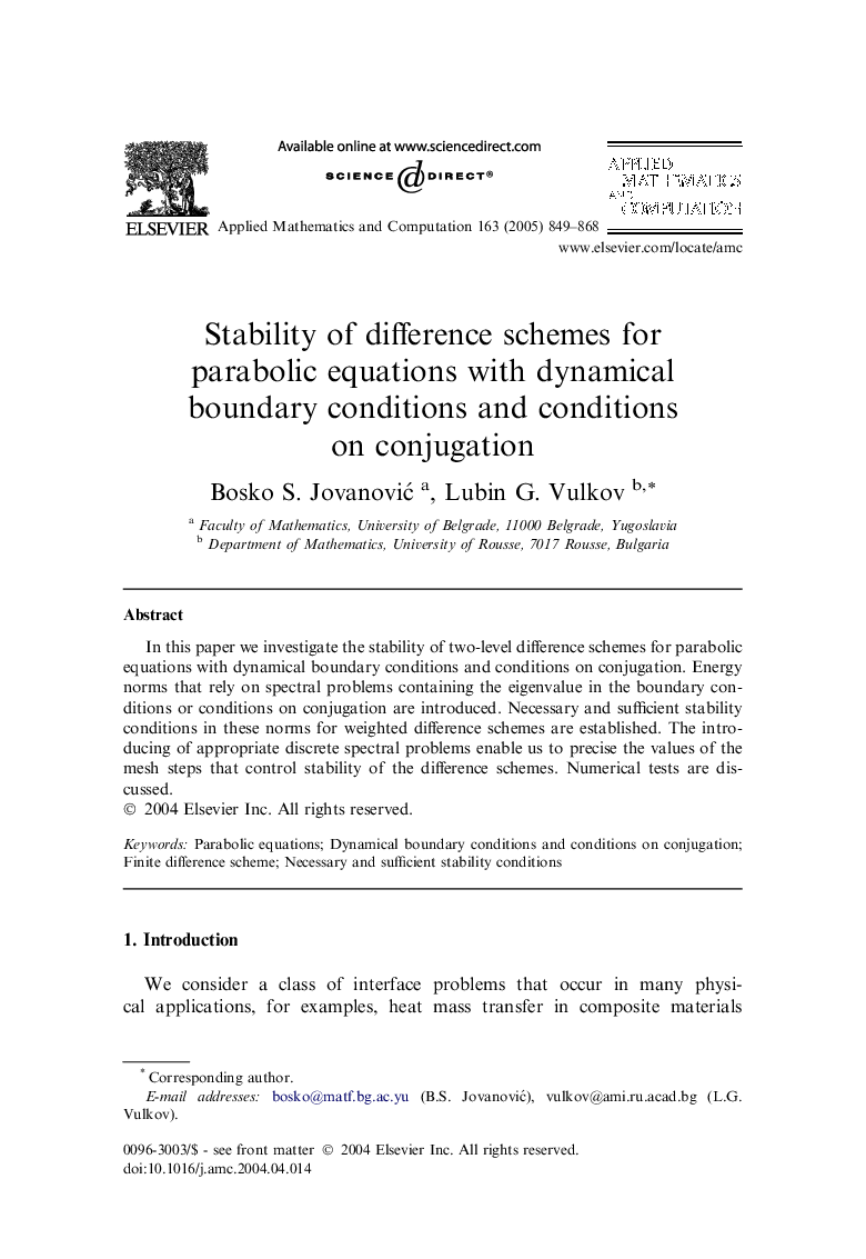 Stability of difference schemes for parabolic equations with dynamical boundary conditions and conditions on conjugation