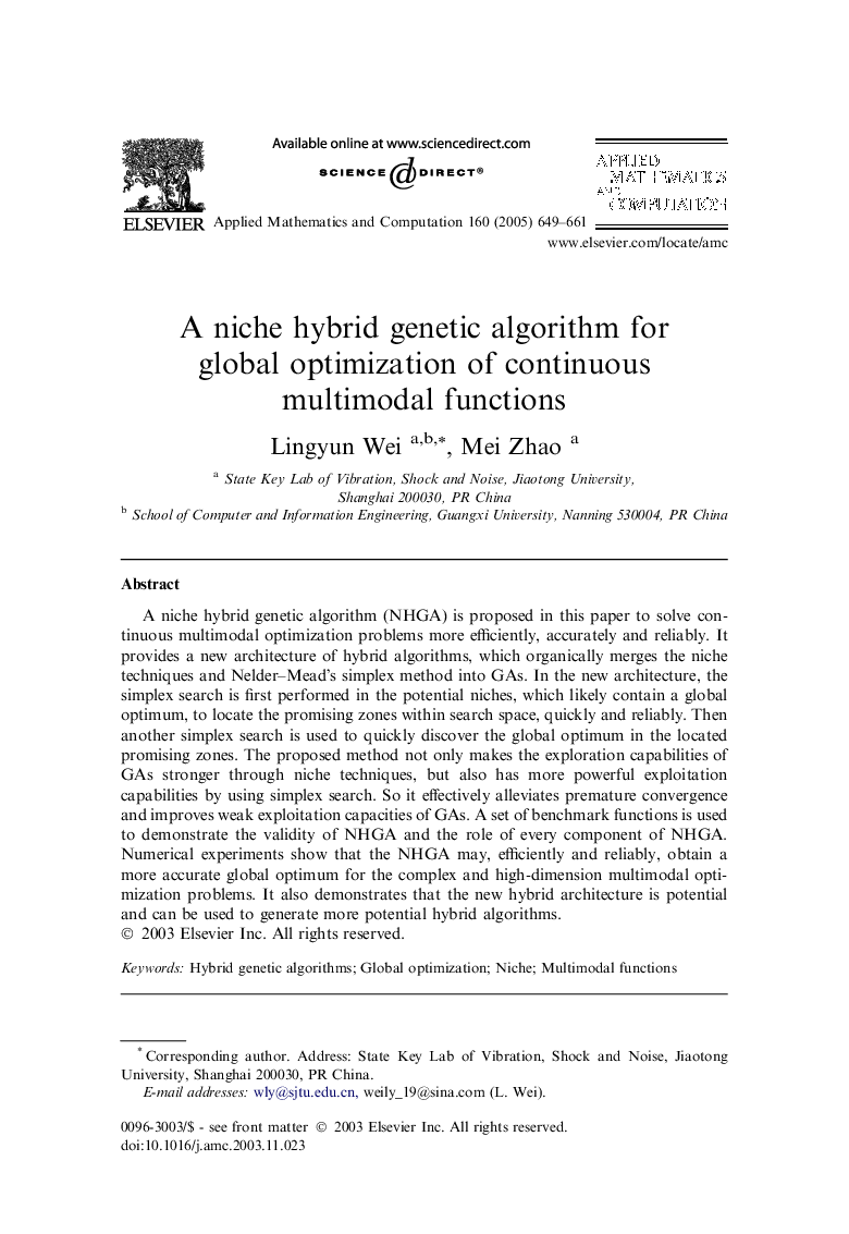 A niche hybrid genetic algorithm for global optimization of continuous multimodal functions