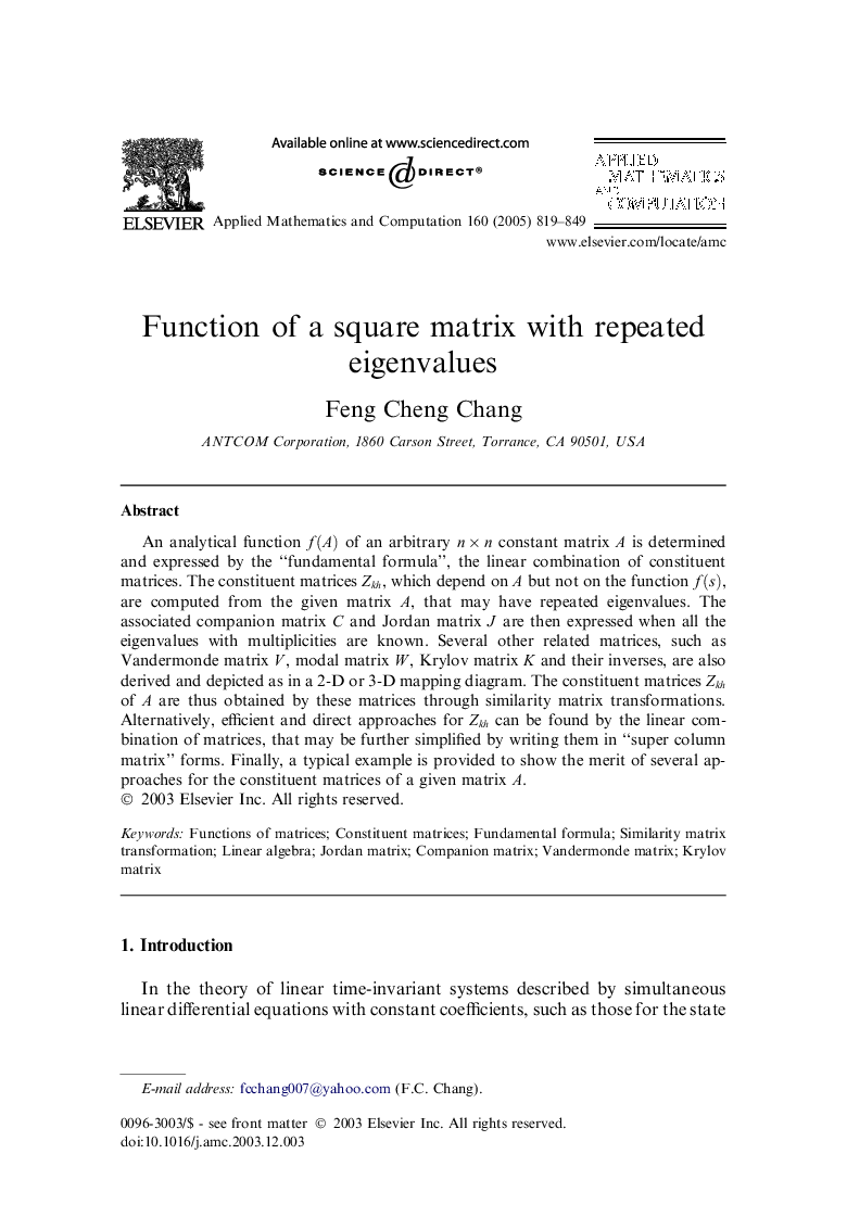 Function of a square matrix with repeated eigenvalues
