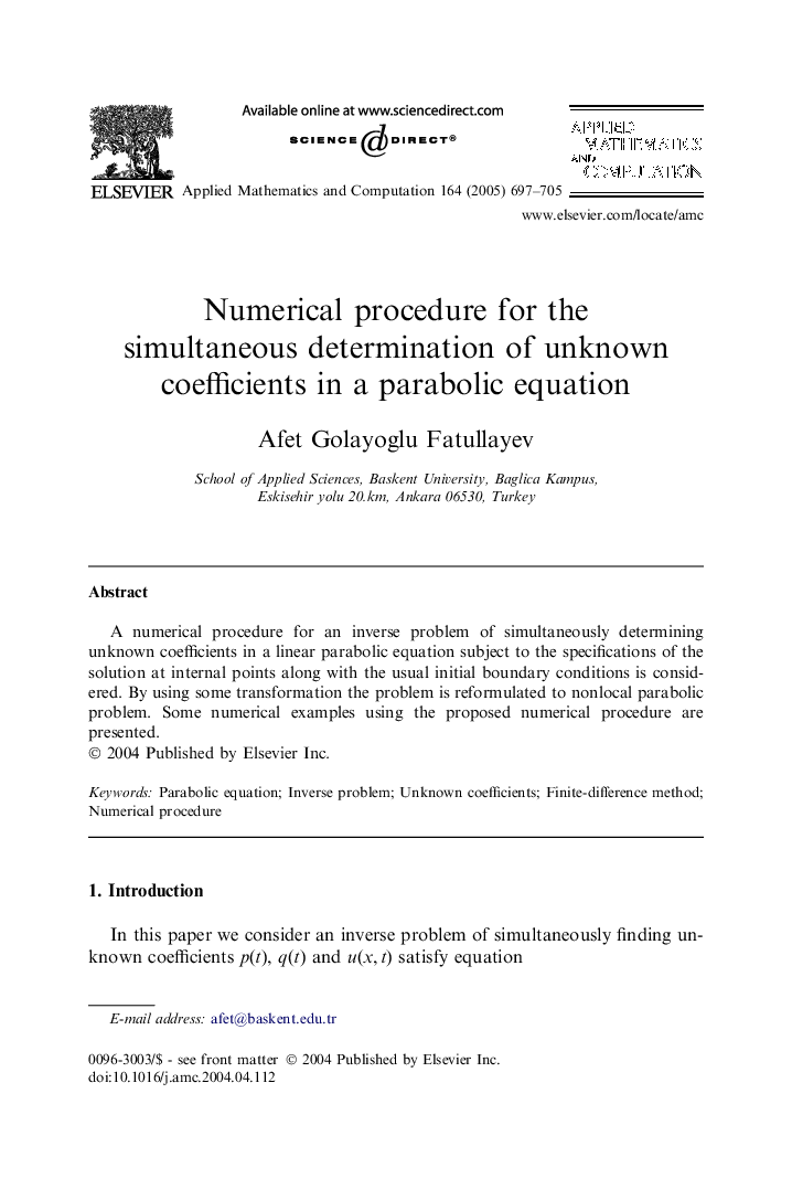 Numerical procedure for the simultaneous determination of unknown coefficients in a parabolic equation