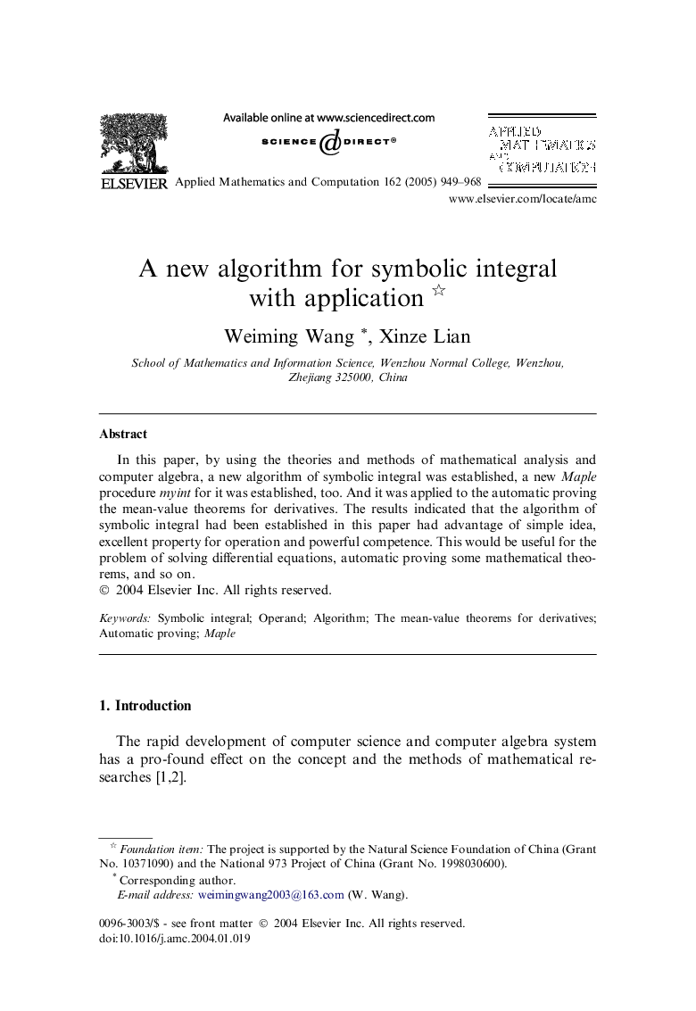 A new algorithm for symbolic integral with application