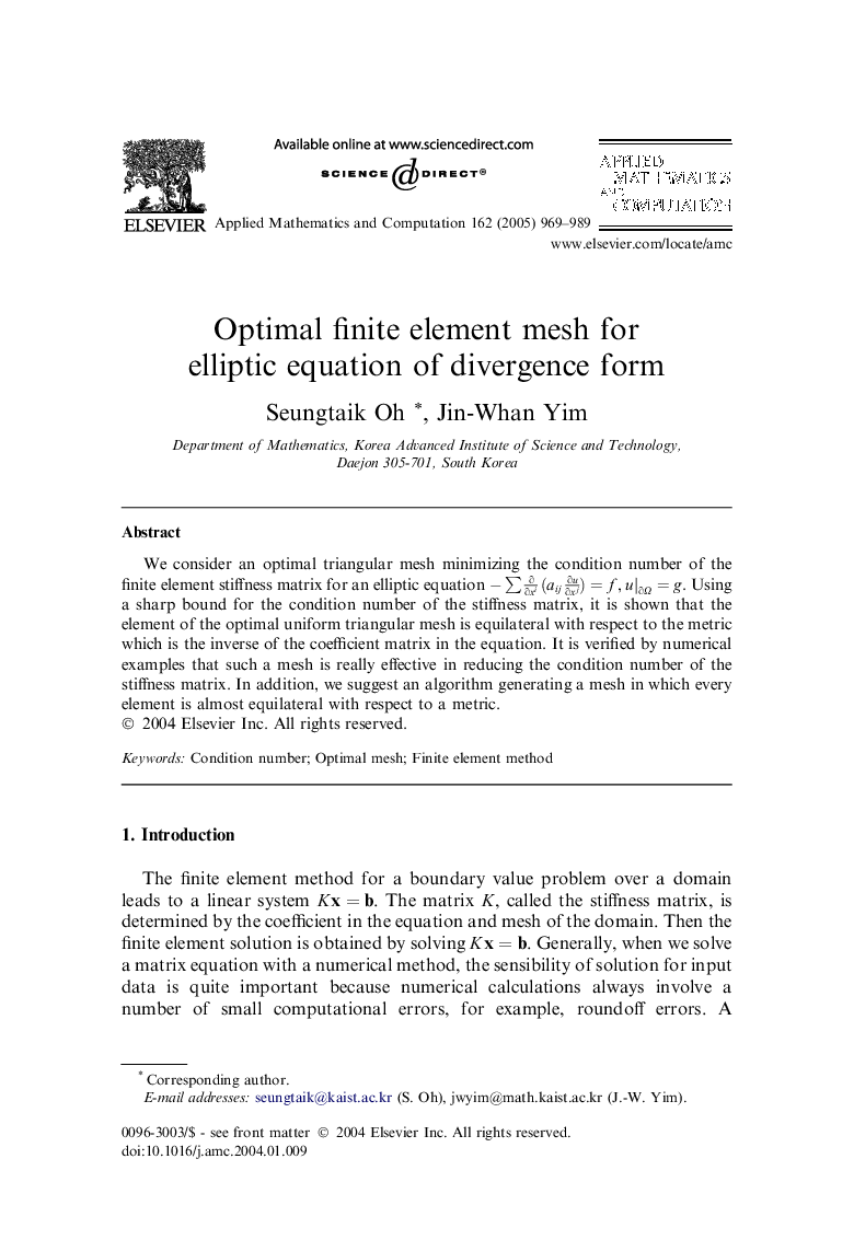 Optimal finite element mesh for elliptic equation of divergence form