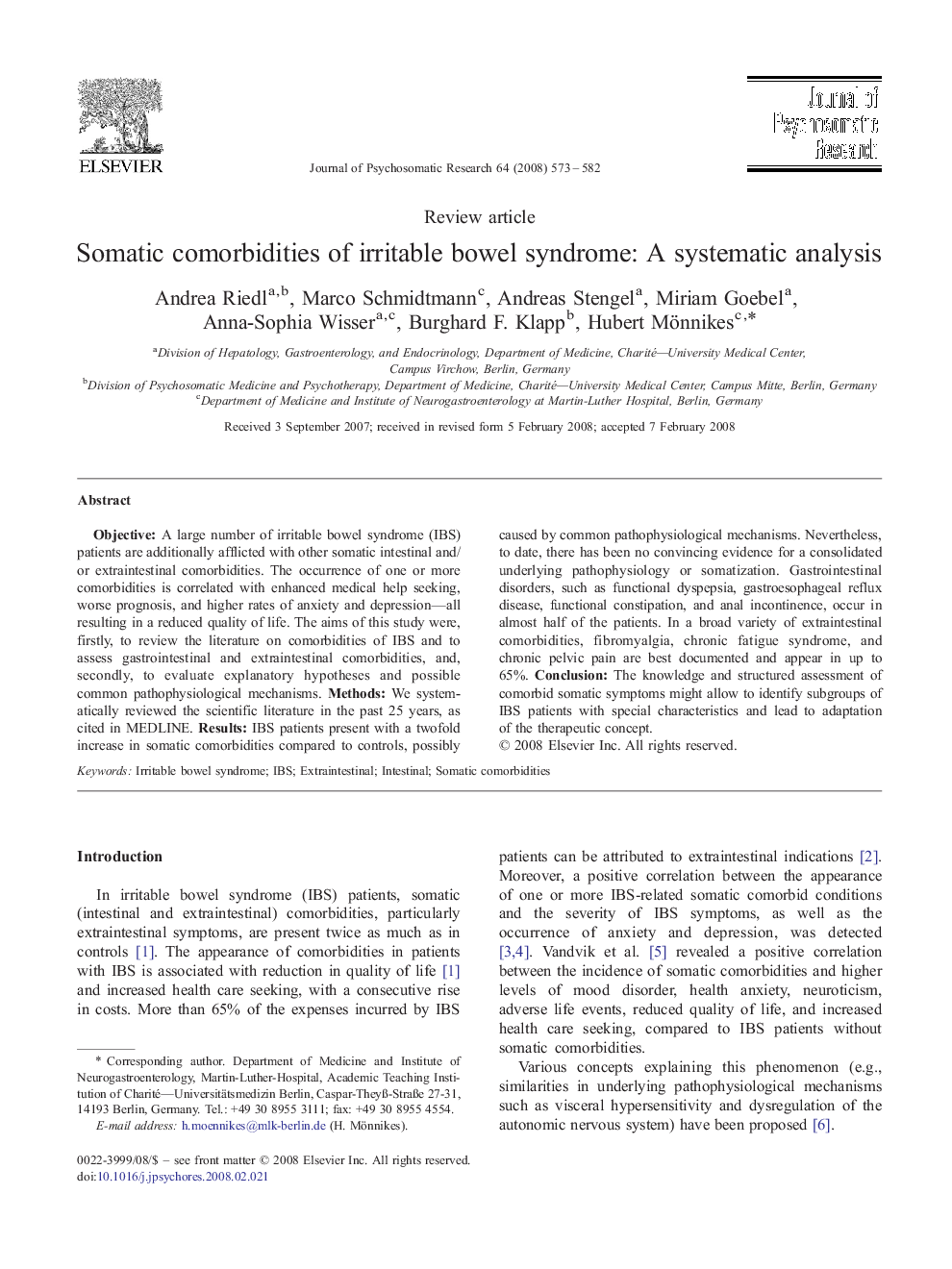 Somatic comorbidities of irritable bowel syndrome: A systematic analysis