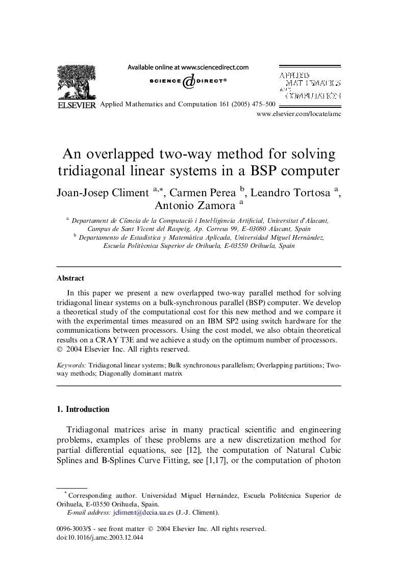 An overlapped two-way method for solving tridiagonal linear systems in a BSP computer