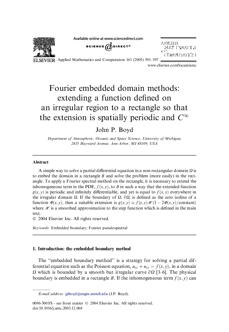 Fourier embedded domain methods: extending a function defined on an irregular region to a rectangle so that the extension is spatially periodic and Câ