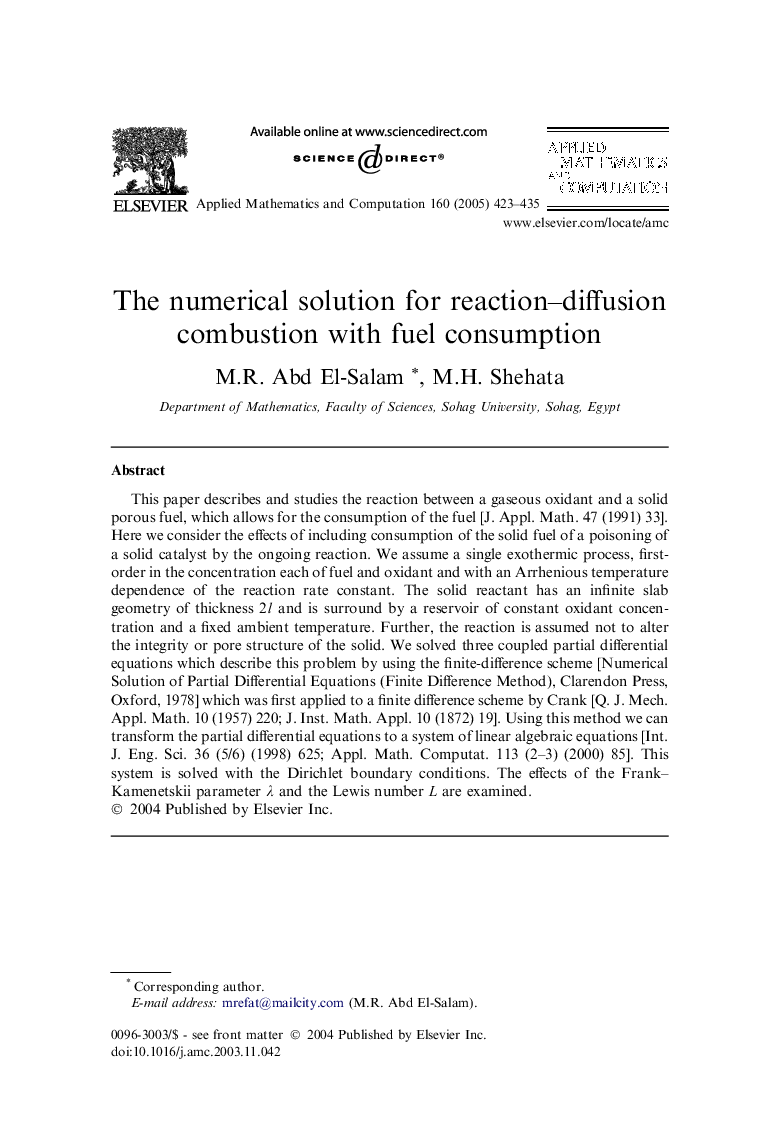 The numerical solution for reaction-diffusion combustion with fuel consumption