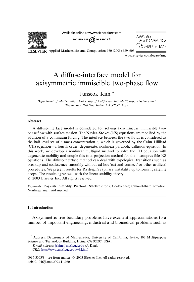 A diffuse-interface model for axisymmetric immiscible two-phase flow