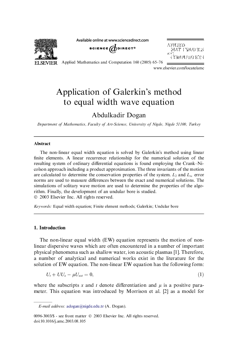 Application of Galerkin's method to equal width wave equation