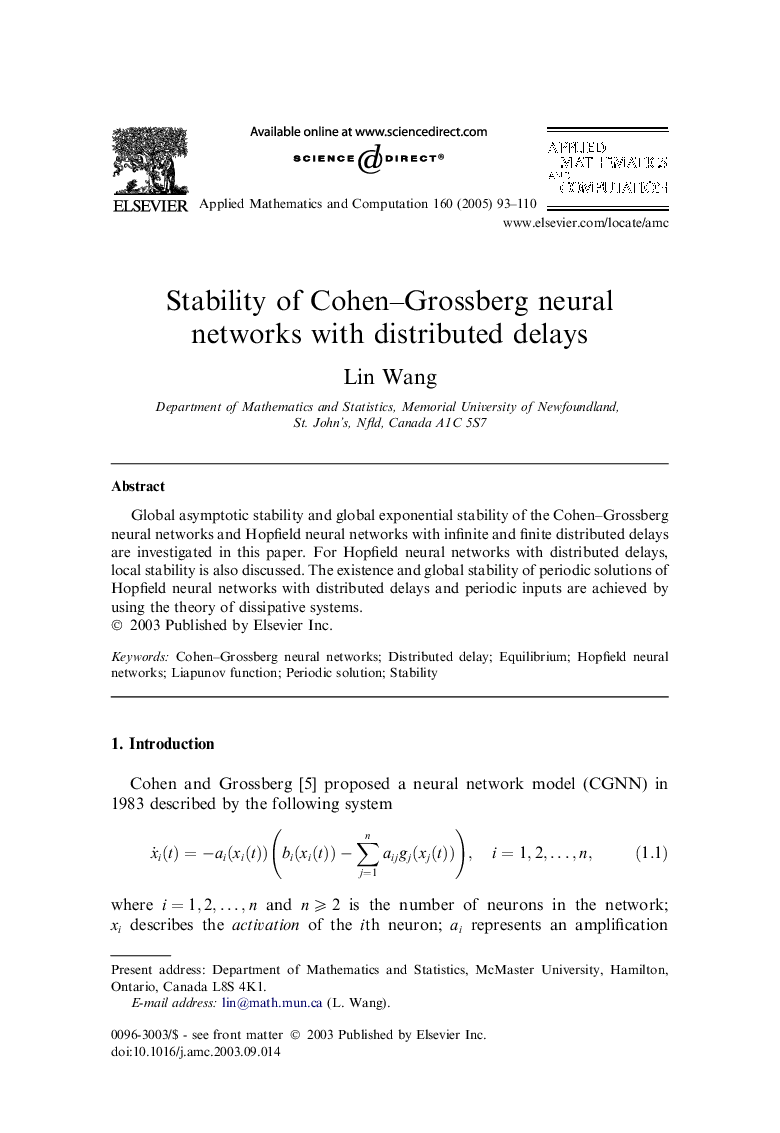 Stability of Cohen-Grossberg neural networks with distributed delays