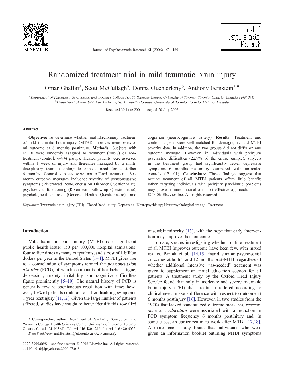 Randomized treatment trial in mild traumatic brain injury