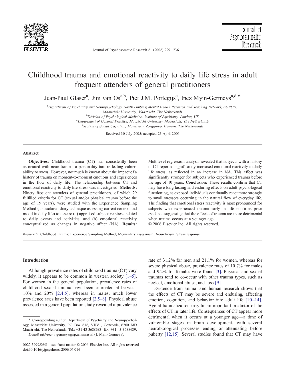 Childhood trauma and emotional reactivity to daily life stress in adult frequent attenders of general practitioners