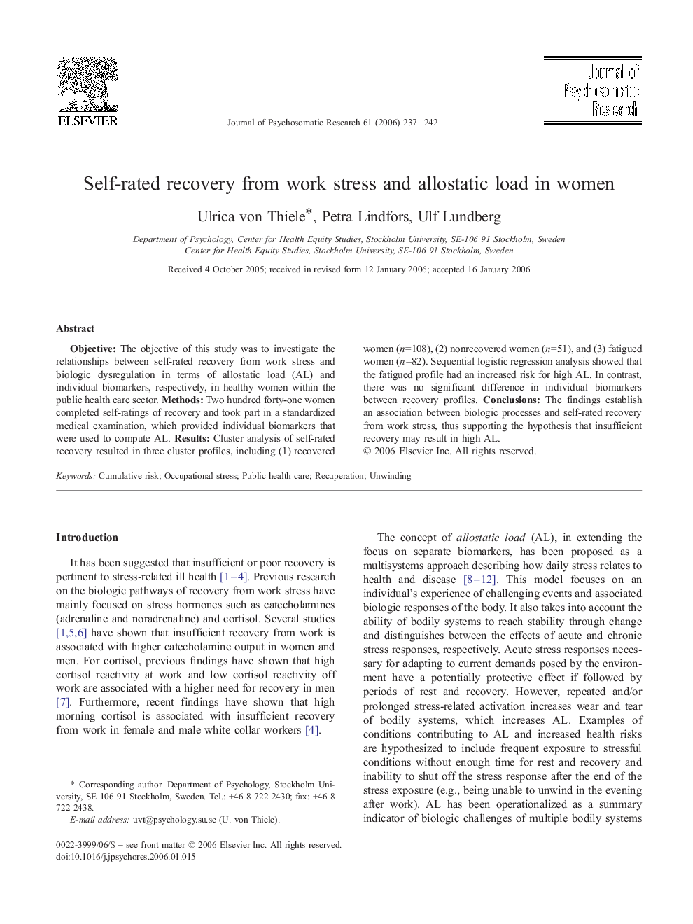 Self-rated recovery from work stress and allostatic load in women