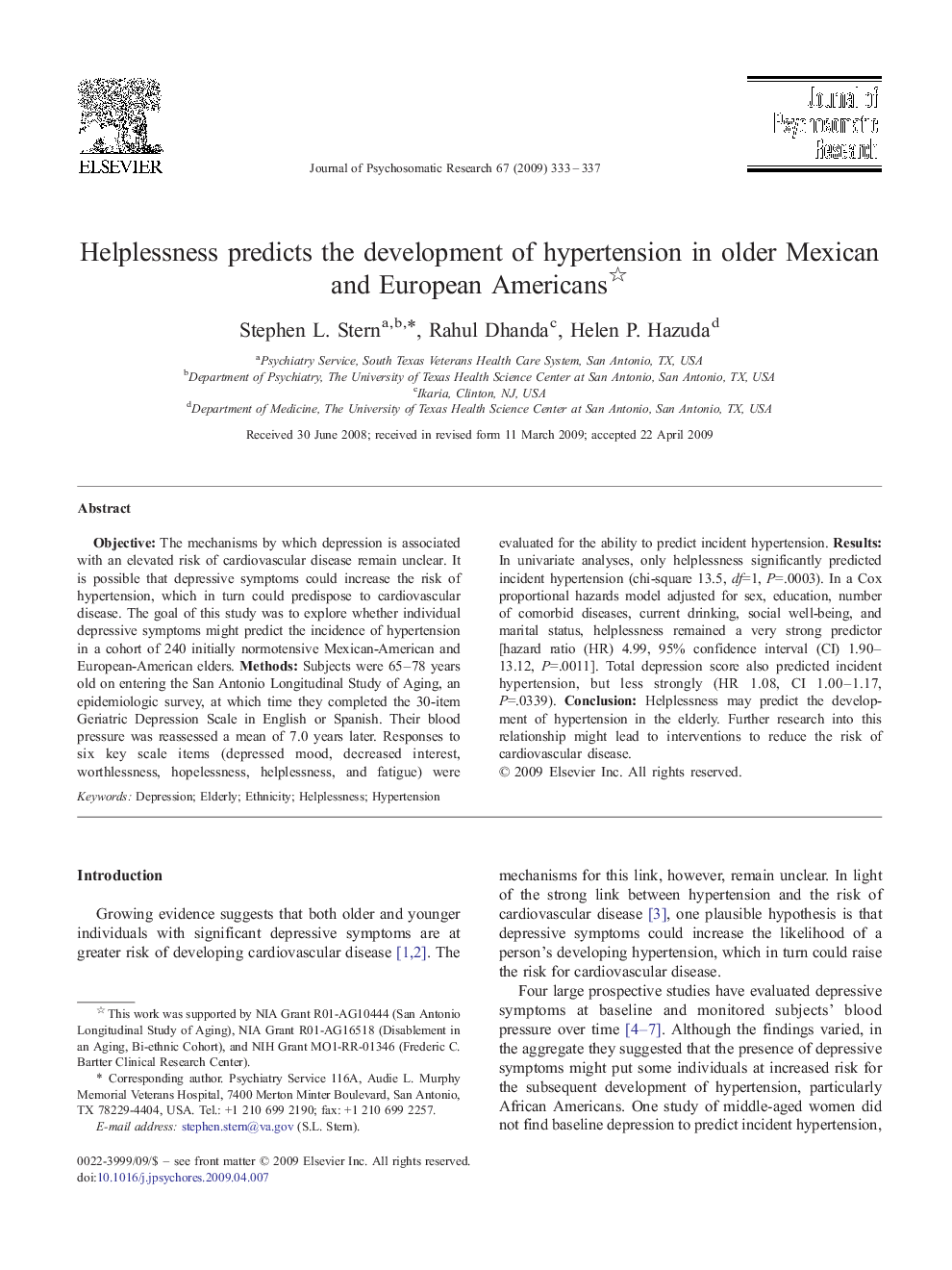 Helplessness predicts the development of hypertension in older Mexican and European Americans 