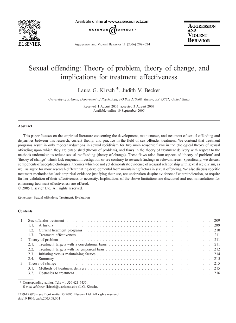 Sexual offending: Theory of problem, theory of change, and implications for treatment effectiveness