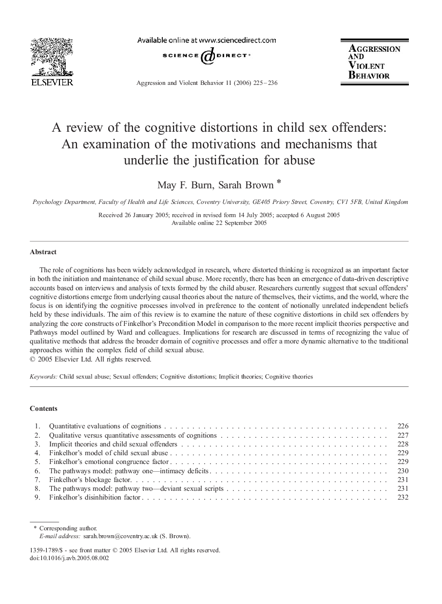 A review of the cognitive distortions in child sex offenders: An examination of the motivations and mechanisms that underlie the justification for abuse