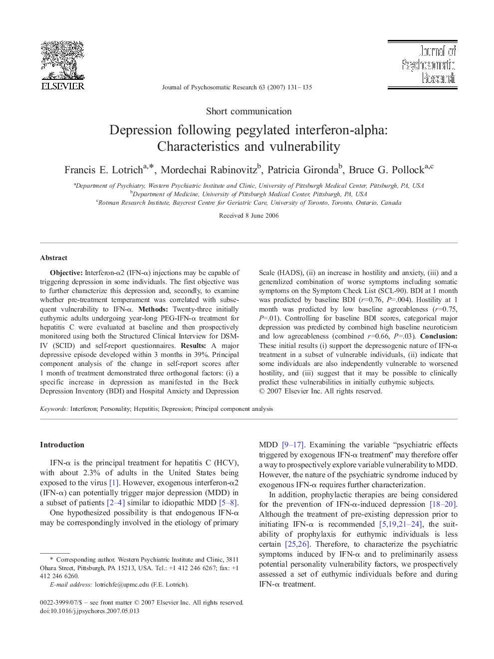 Depression following pegylated interferon-alpha: Characteristics and vulnerability