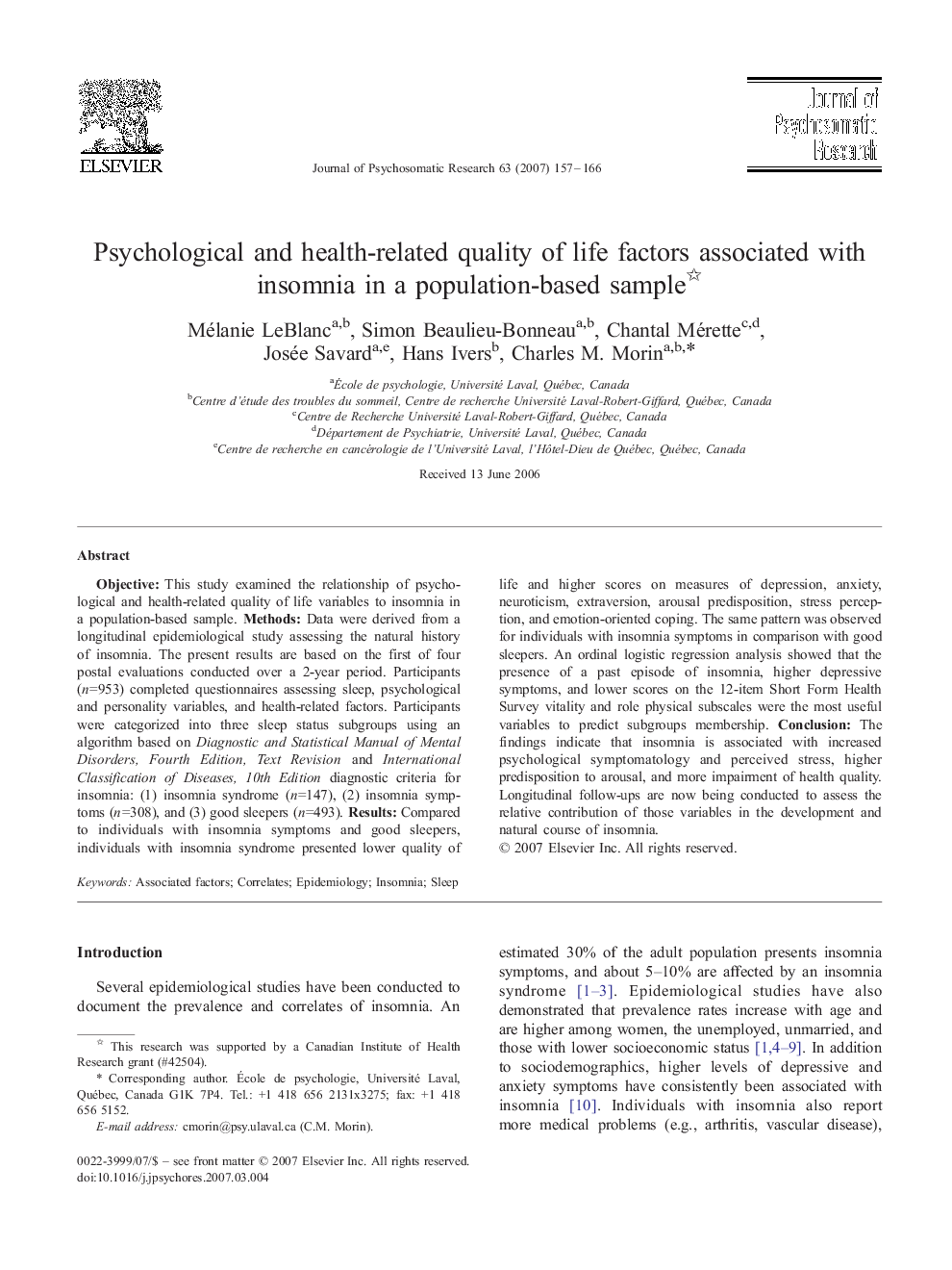 Psychological and health-related quality of life factors associated with insomnia in a population-based sample 