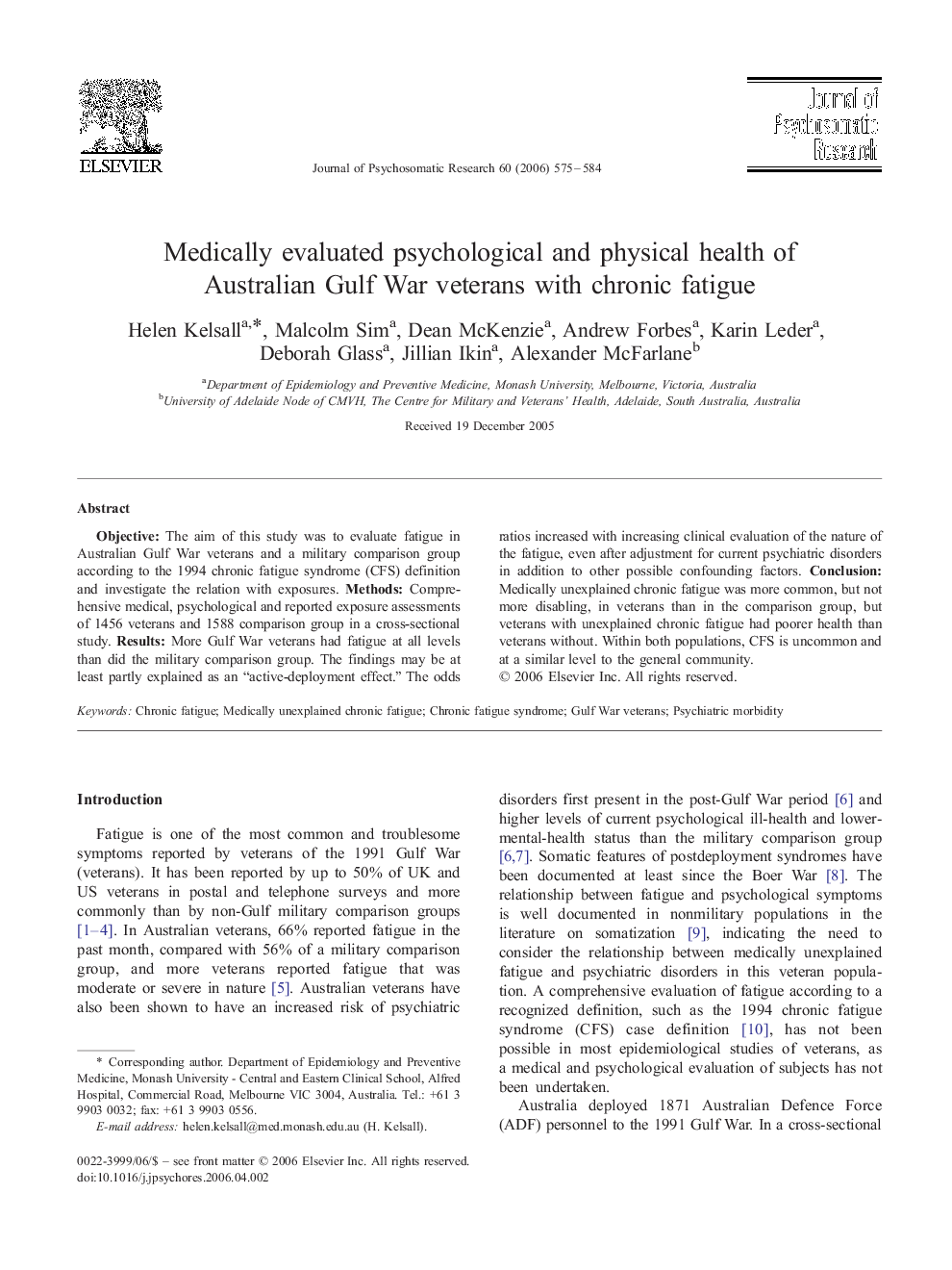 Medically evaluated psychological and physical health of Australian Gulf War veterans with chronic fatigue