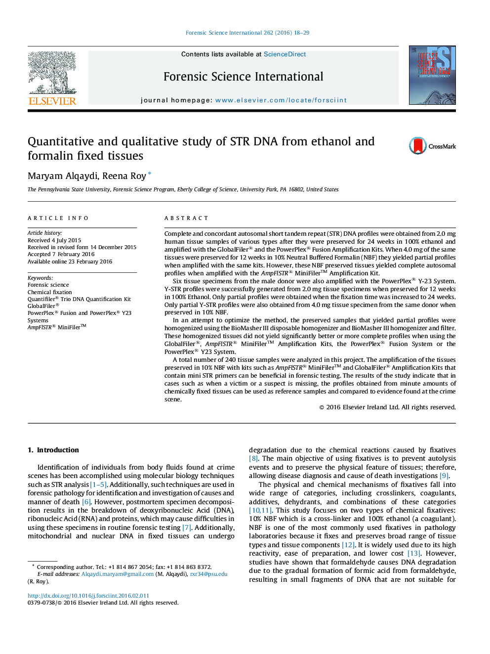 Quantitative and qualitative study of STR DNA from ethanol and formalin fixed tissues