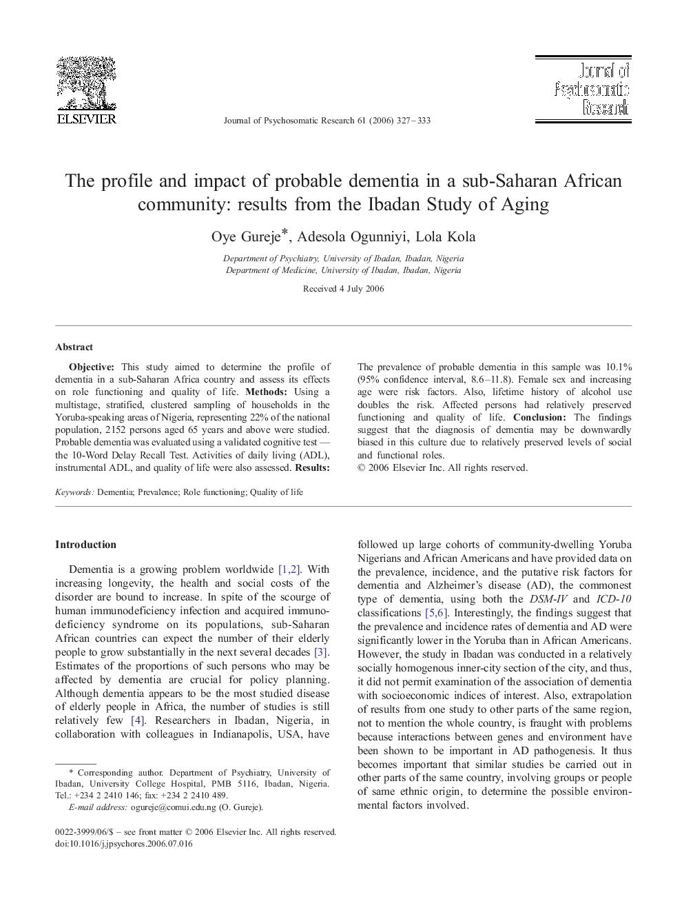 The profile and impact of probable dementia in a sub-Saharan African community: results from the Ibadan Study of Aging