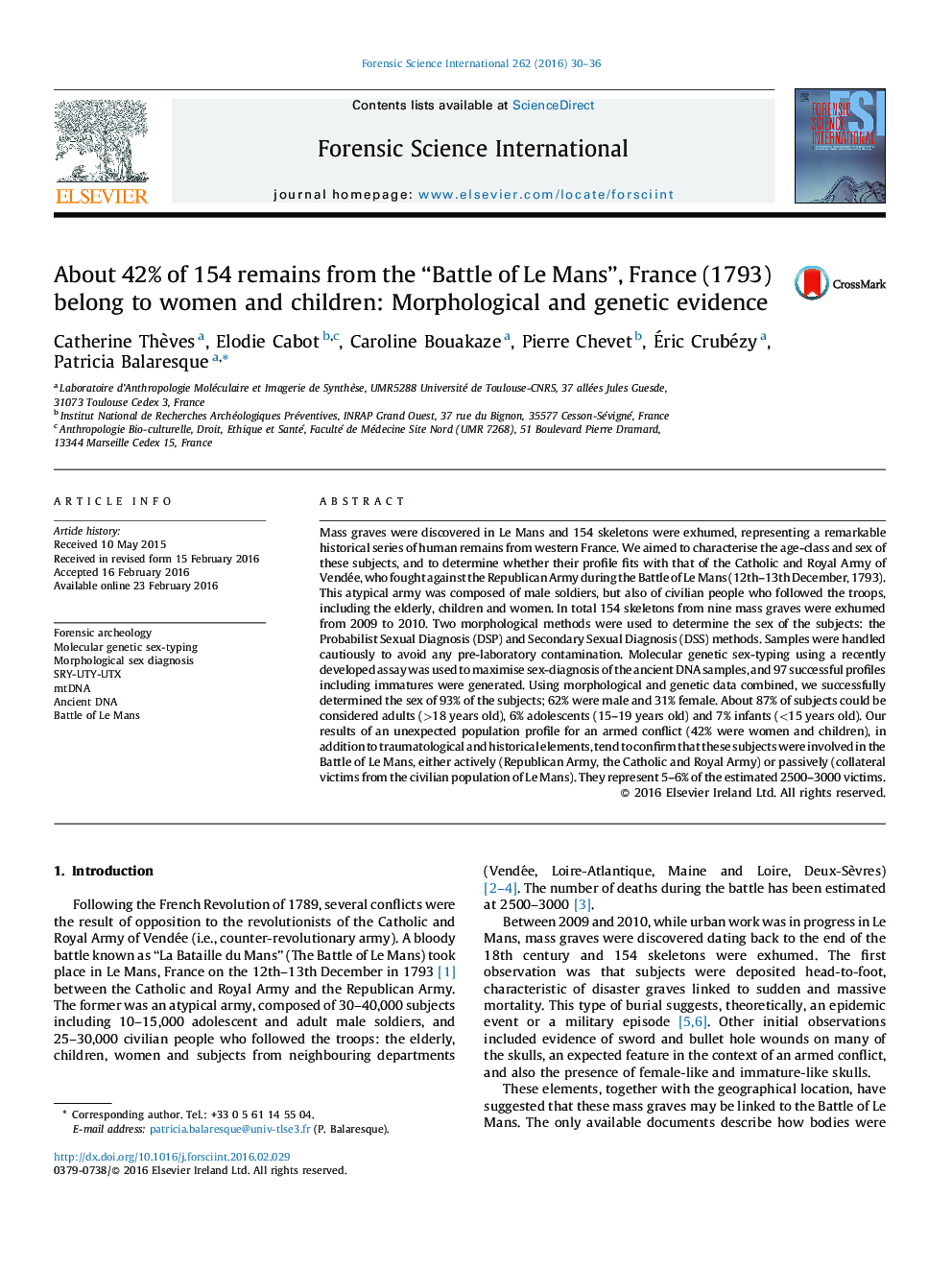 About 42% of 154 remains from the “Battle of Le Mans”, France (1793) belong to women and children: Morphological and genetic evidence