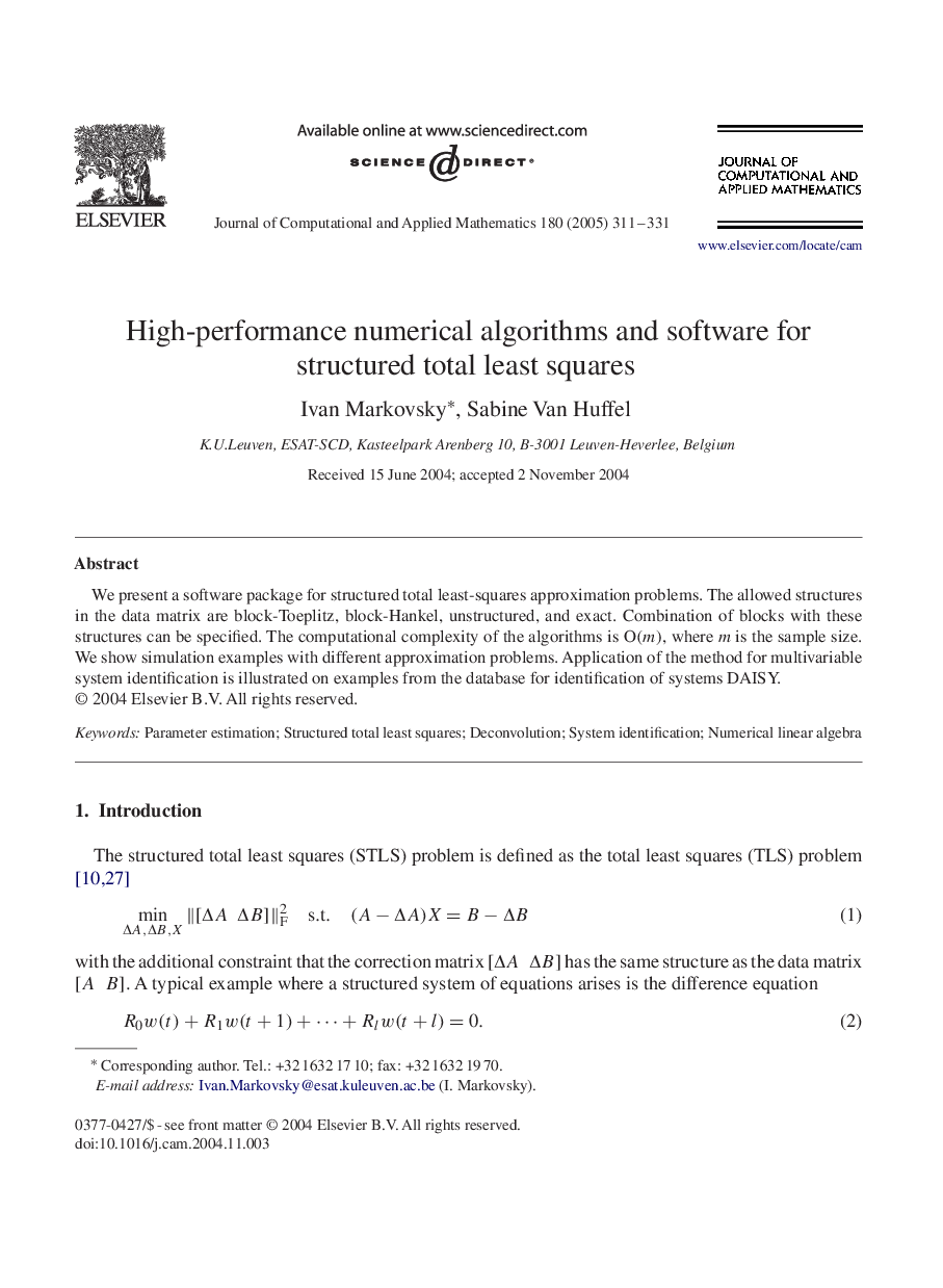 High-performance numerical algorithms and software for structured total least squares