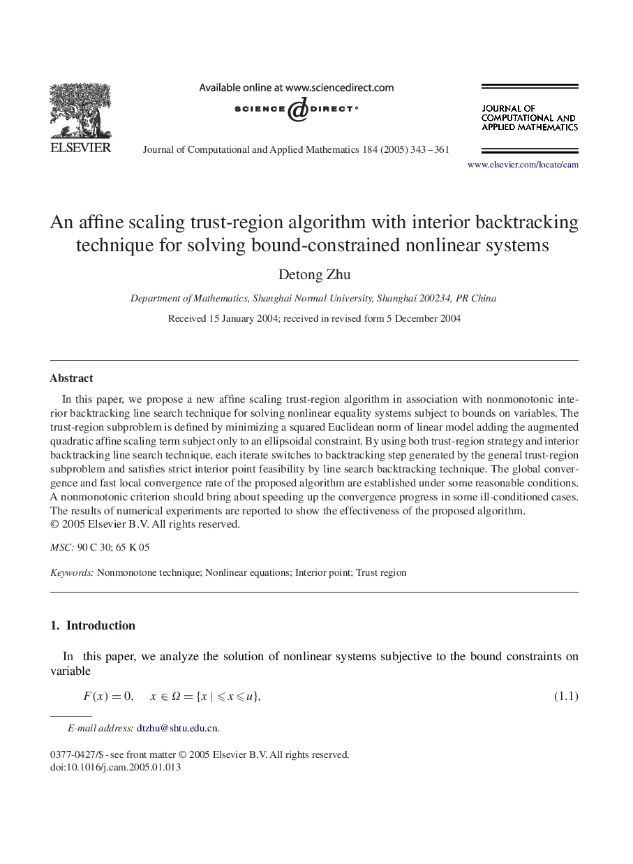 An affine scaling trust-region algorithm with interior backtracking technique for solving bound-constrained nonlinear systems