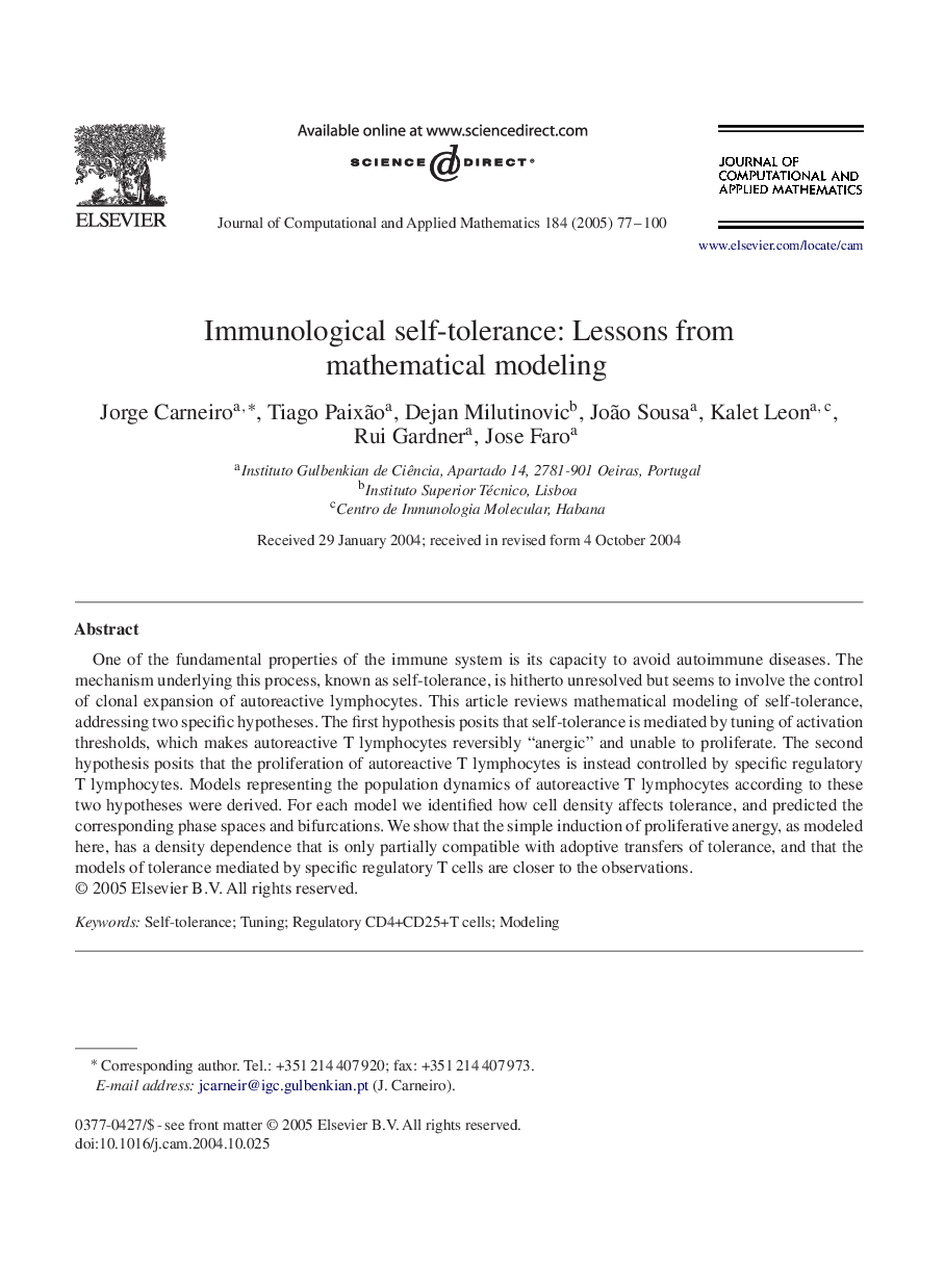 Immunological self-tolerance: Lessons from mathematical modeling