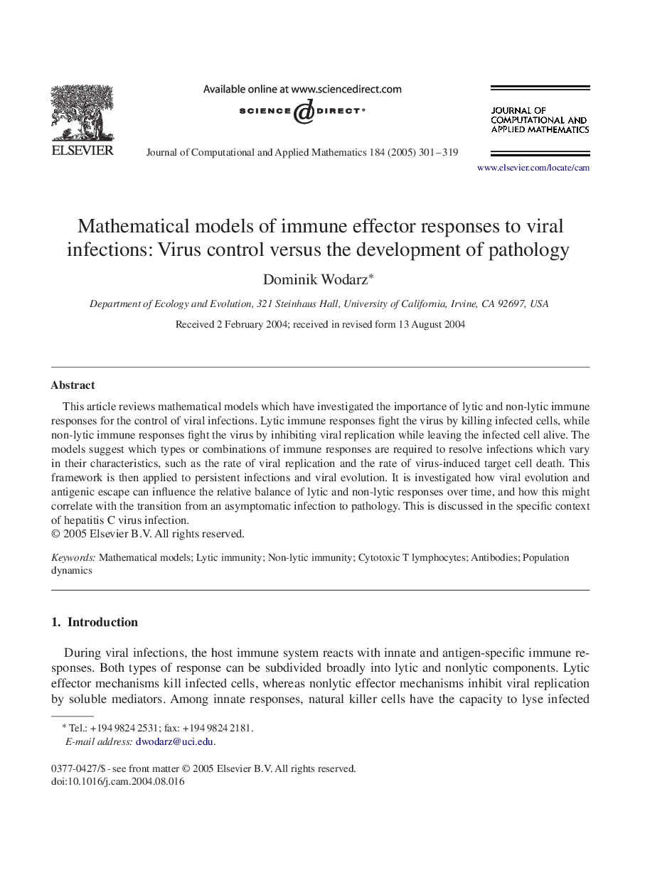 Mathematical models of immune effector responses to viral infections: Virus control versus the development of pathology