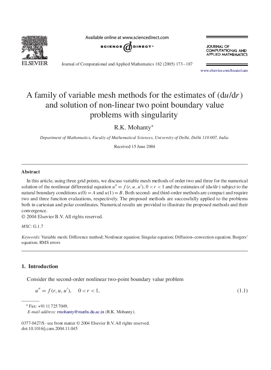 A family of variable mesh methods for the estimates of (du/dr) and solution of non-linear two point boundary value problems with singularity