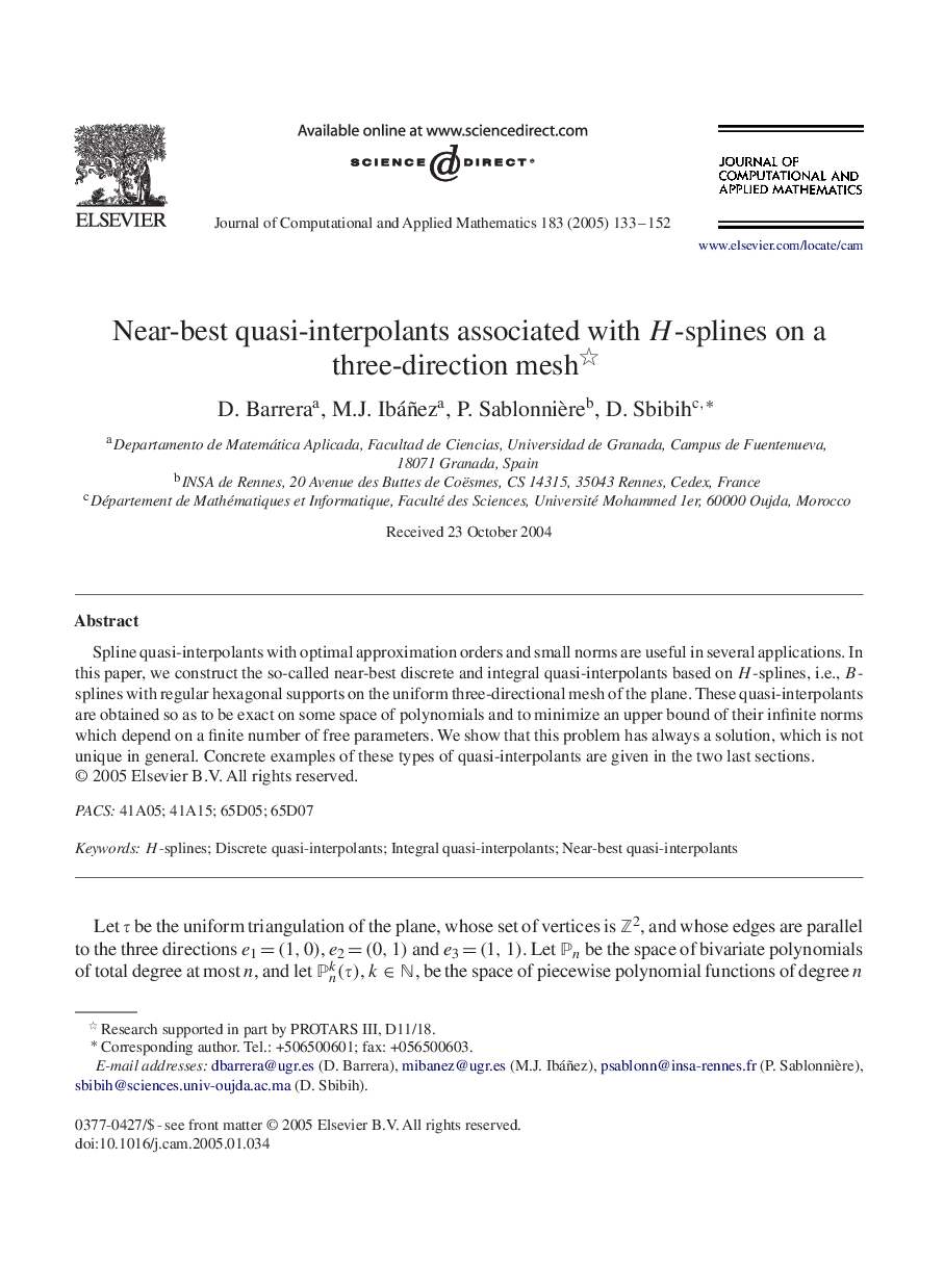 Near-best quasi-interpolants associated with H-splines on a three-direction mesh