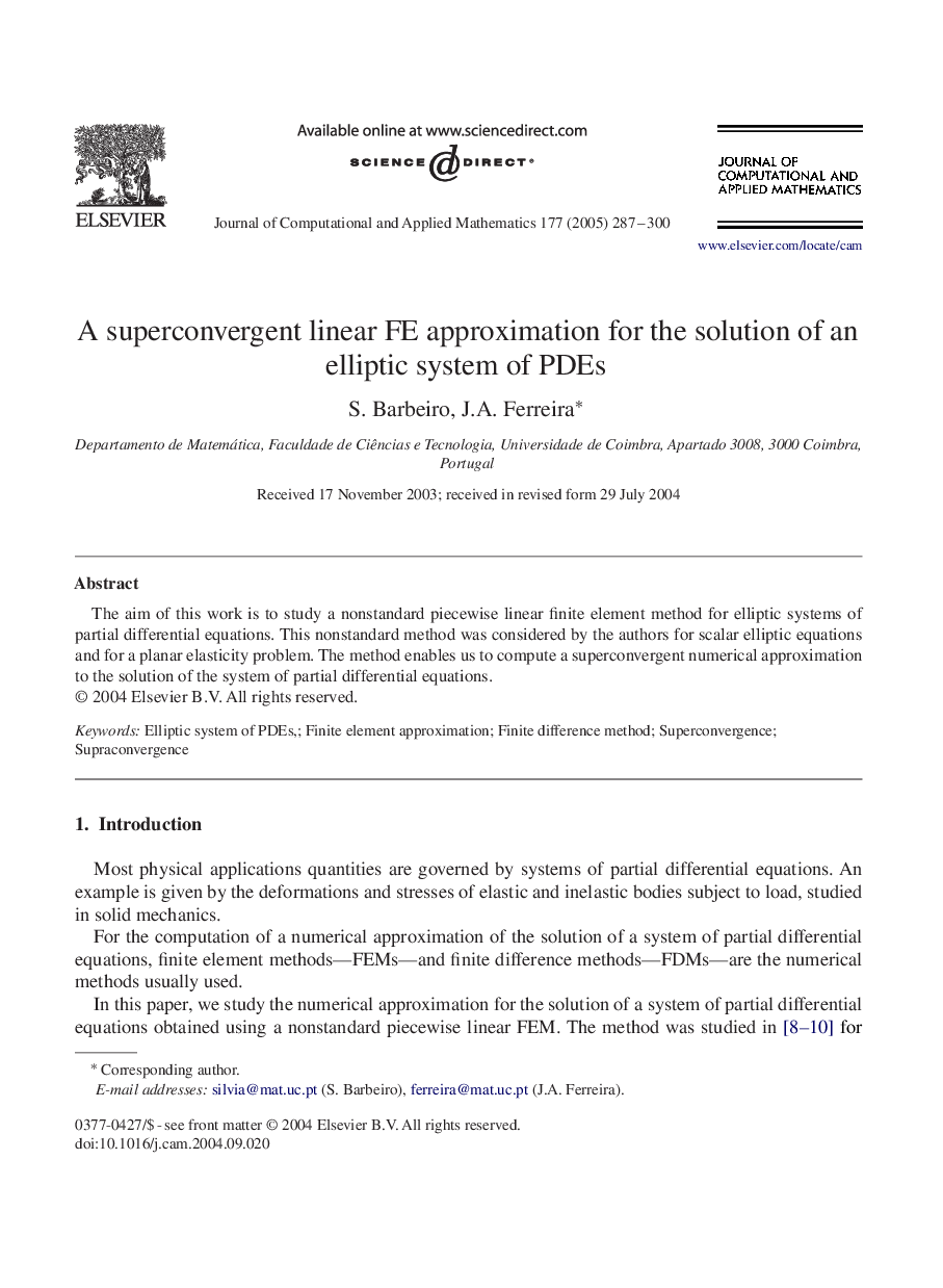 A superconvergent linear FE approximation for the solution of an elliptic system of PDEs