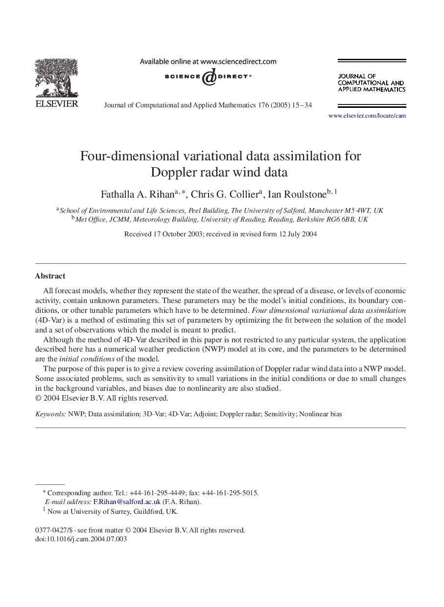 Four-dimensional variational data assimilation for Doppler radar wind data