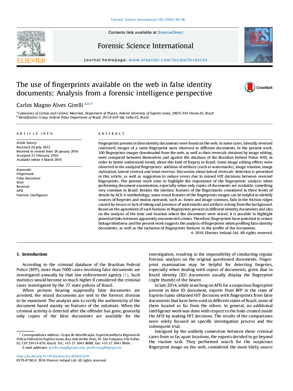 The use of fingerprints available on the web in false identity documents: Analysis from a forensic intelligence perspective