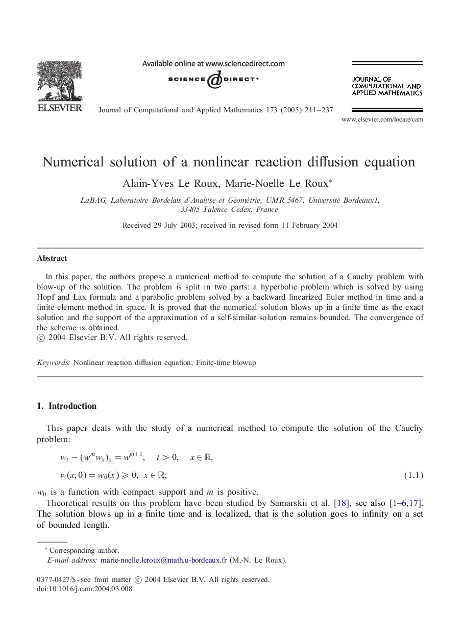 Numerical solution of a nonlinear reaction diffusion equation