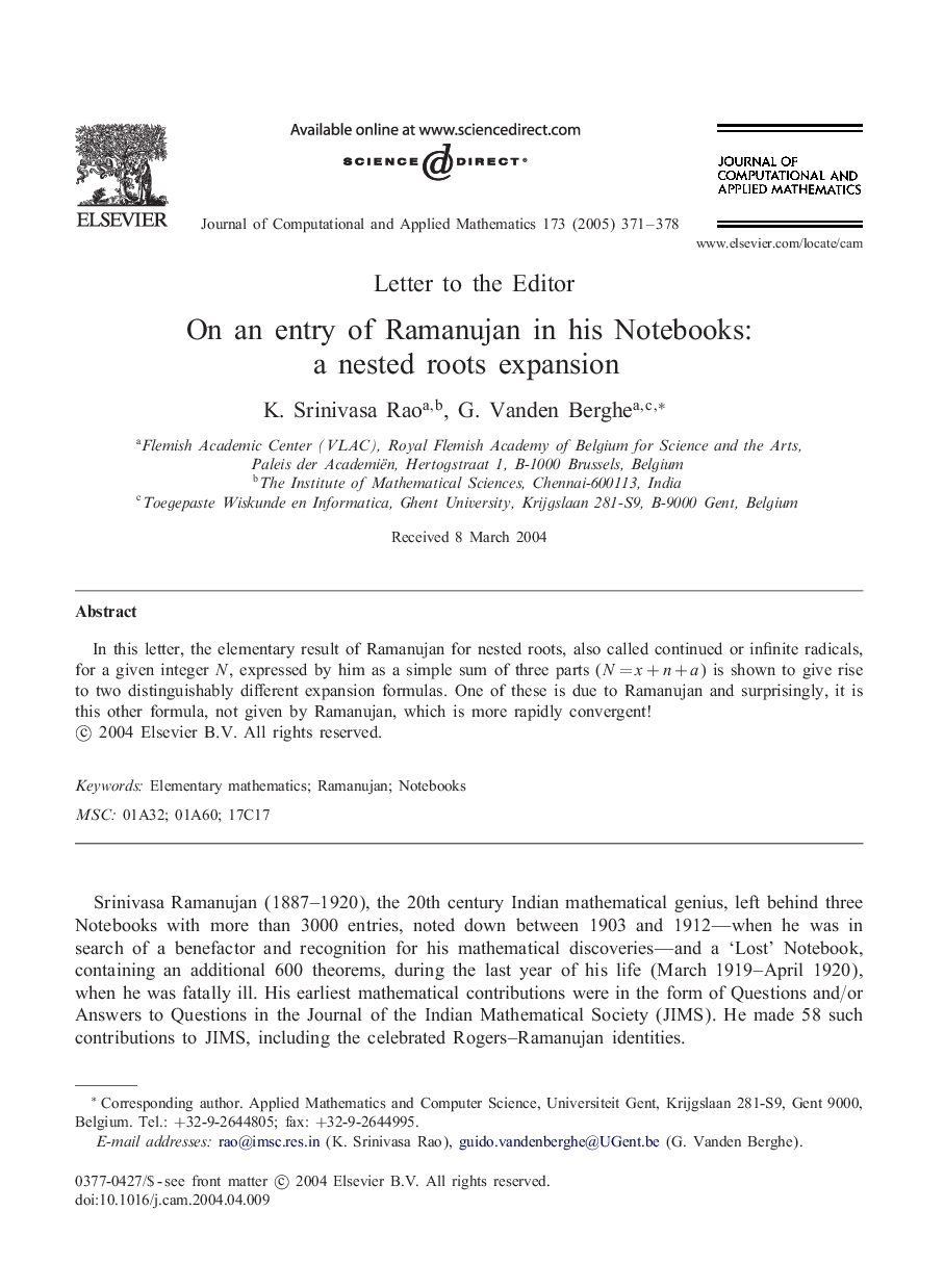 On an entry of Ramanujan in his Notebooks: a nested roots expansion