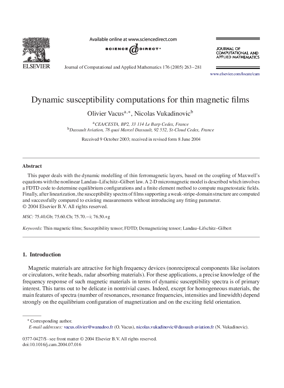 Dynamic susceptibility computations for thin magnetic films