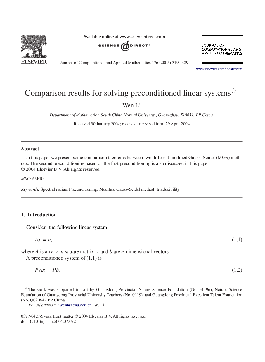 Comparison results for solving preconditioned linear systems