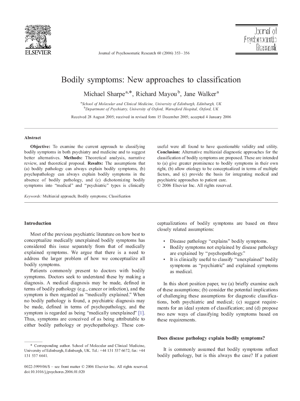 Bodily symptoms: New approaches to classification