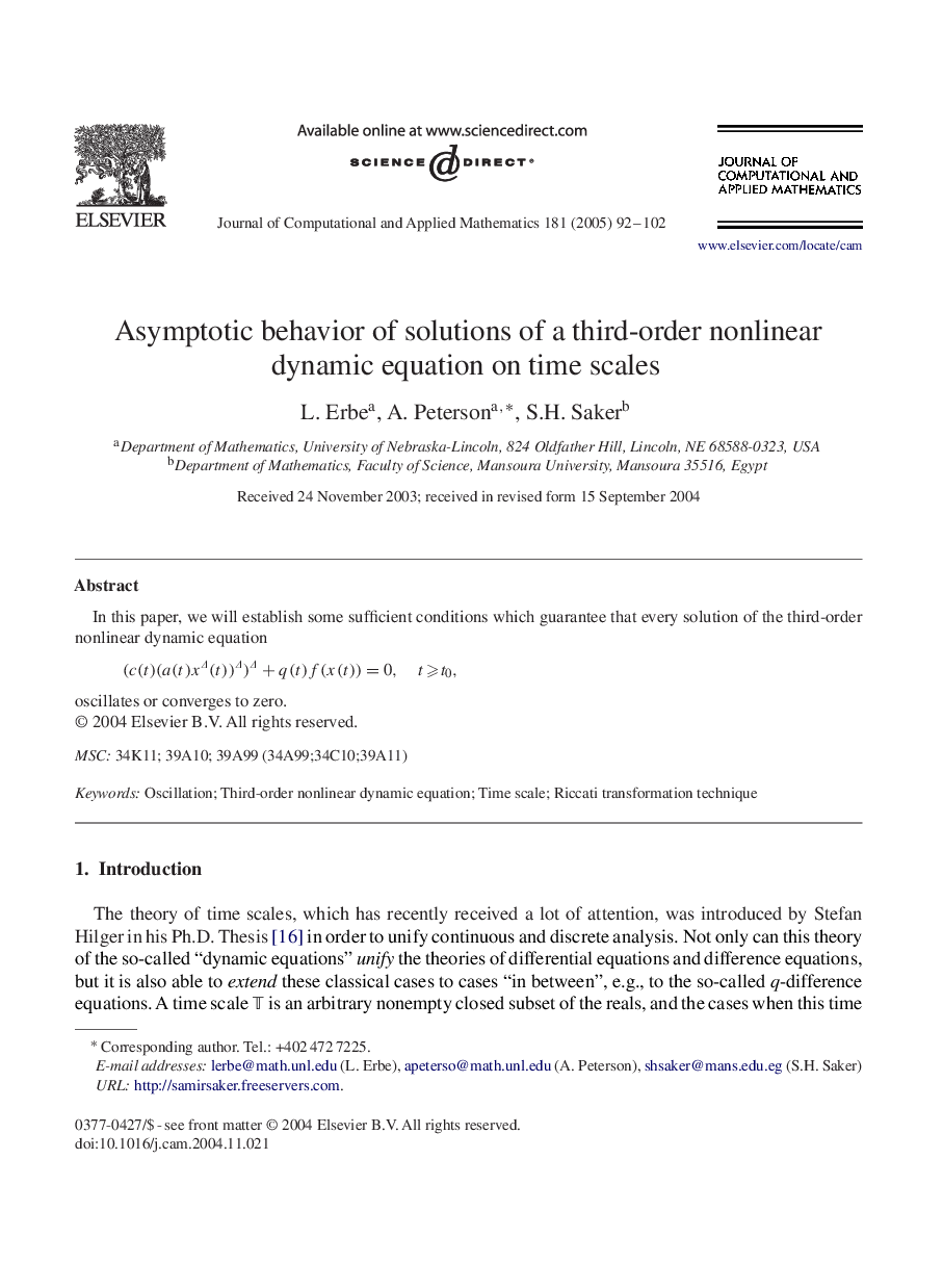 Asymptotic behavior of solutions of a third-order nonlinear dynamic equation on time scales