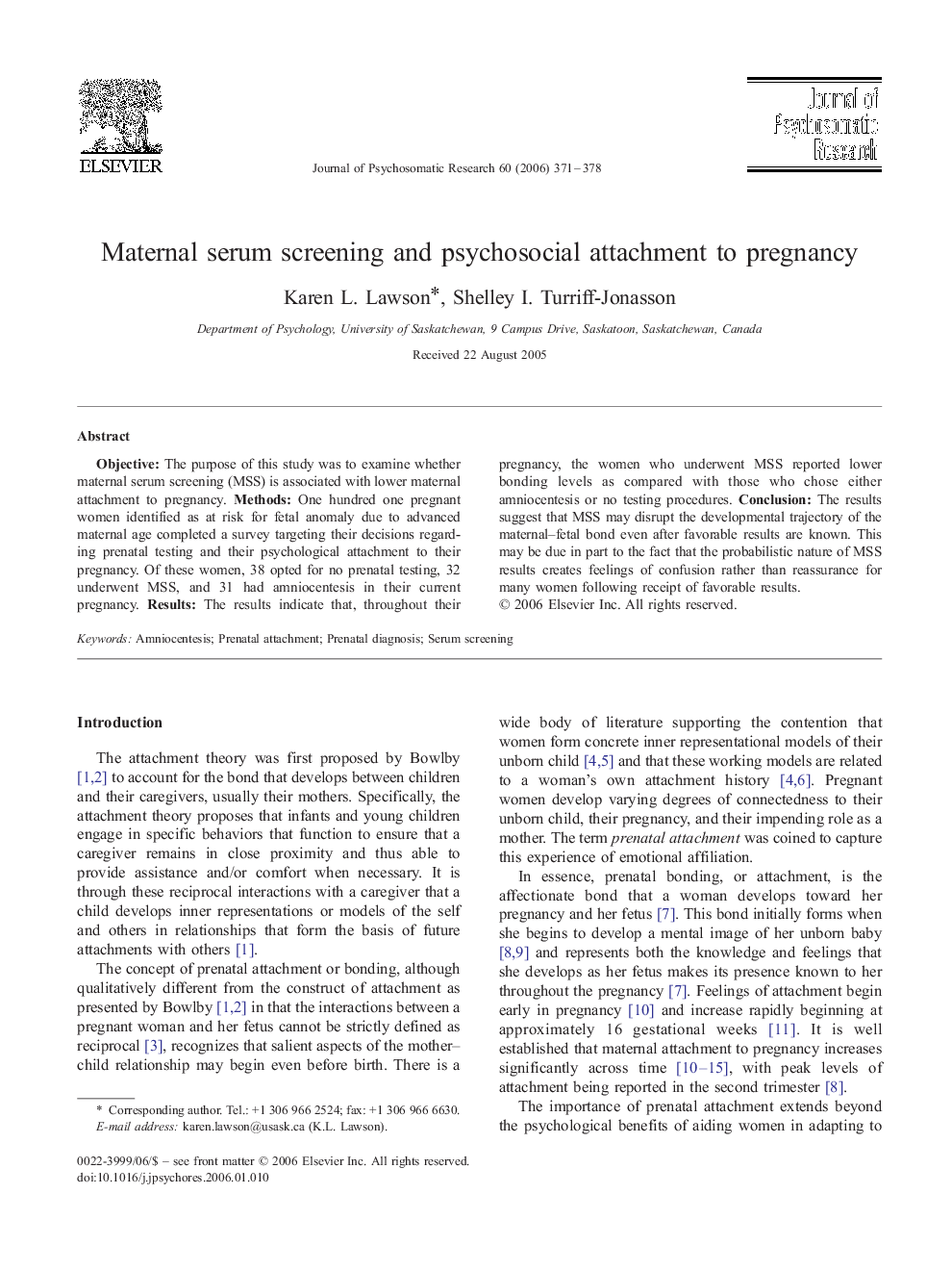 Maternal serum screening and psychosocial attachment to pregnancy