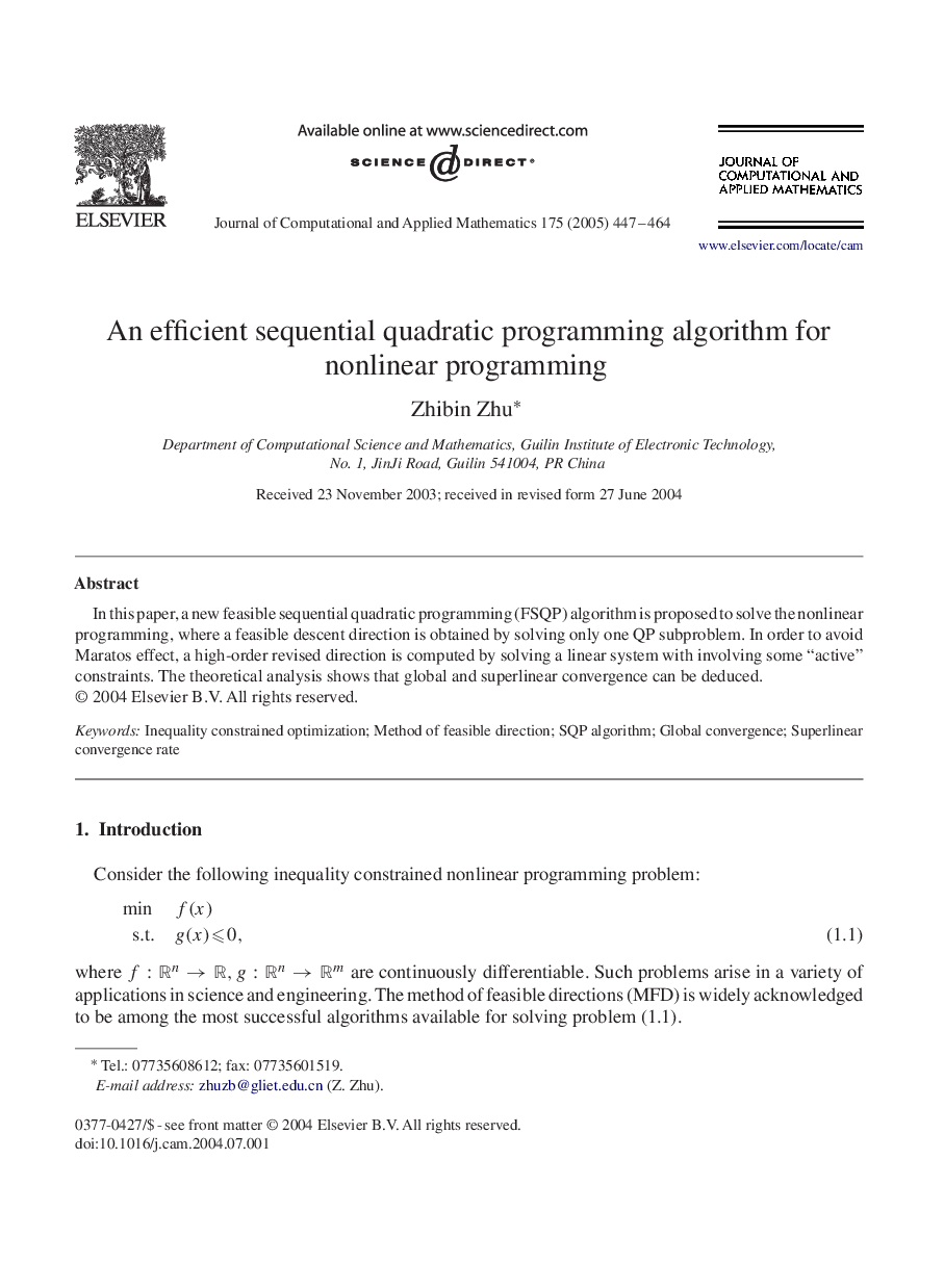 An efficient sequential quadratic programming algorithm for nonlinear programming