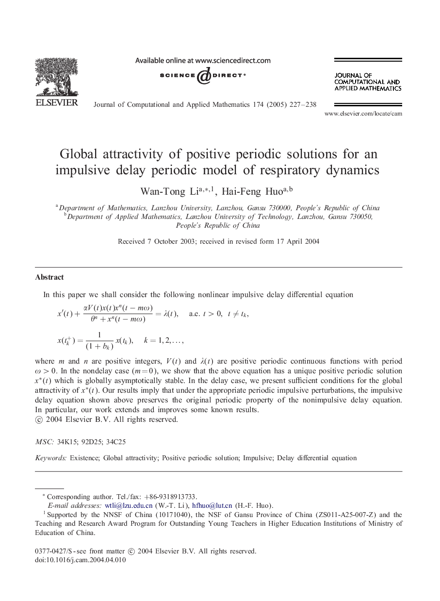 Global attractivity of positive periodic solutions for an impulsive delay periodic model of respiratory dynamics