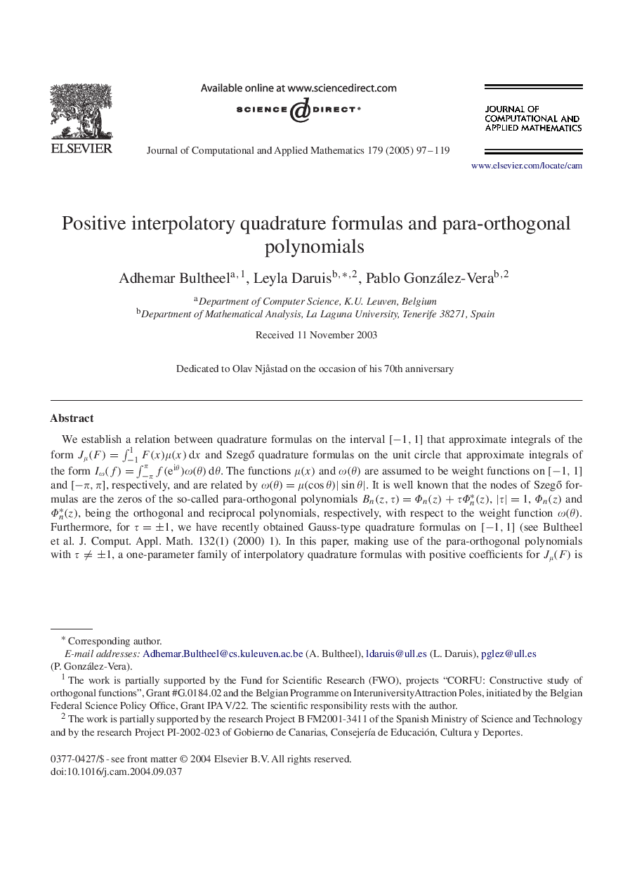 Positive interpolatory quadrature formulas and para-orthogonal polynomials