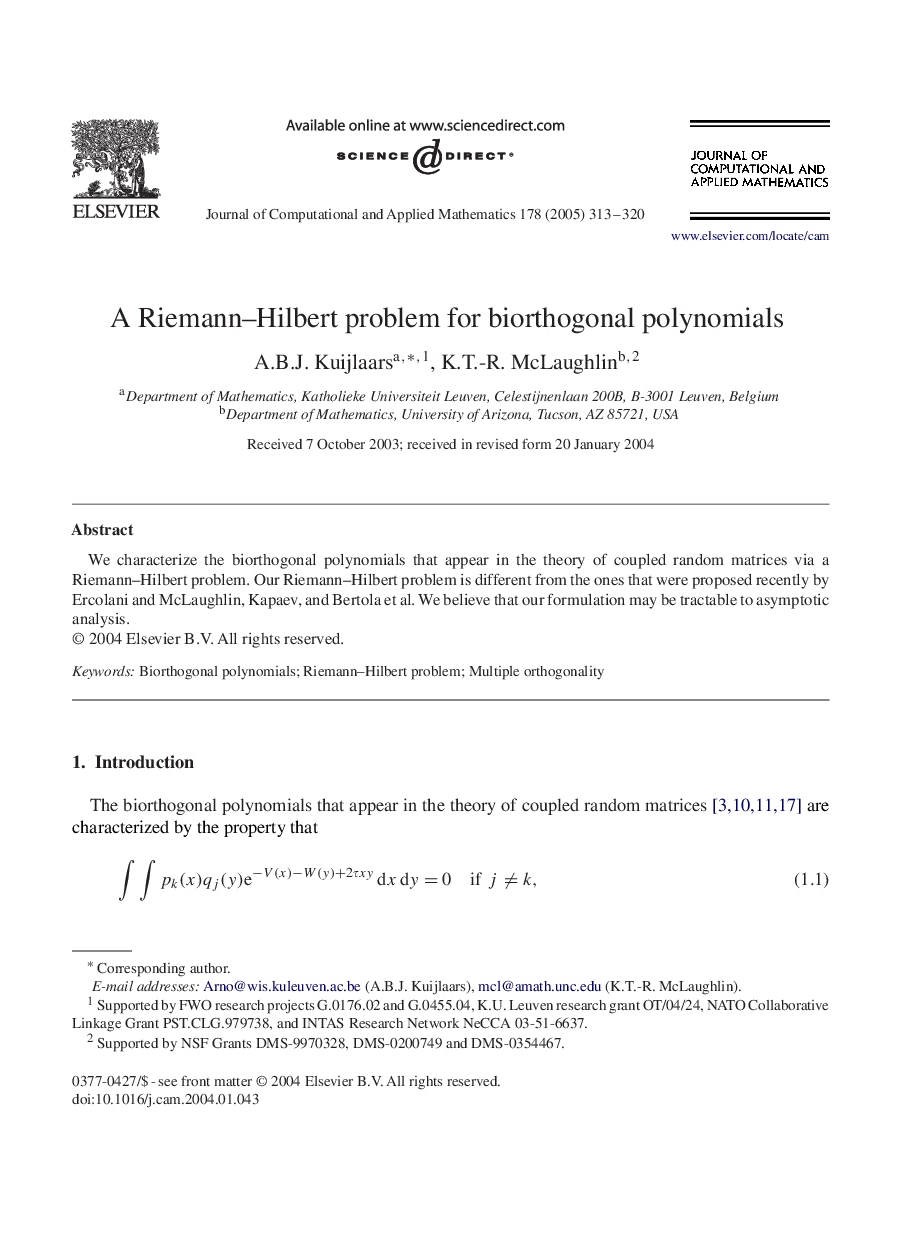 A Riemann-Hilbert problem for biorthogonal polynomials