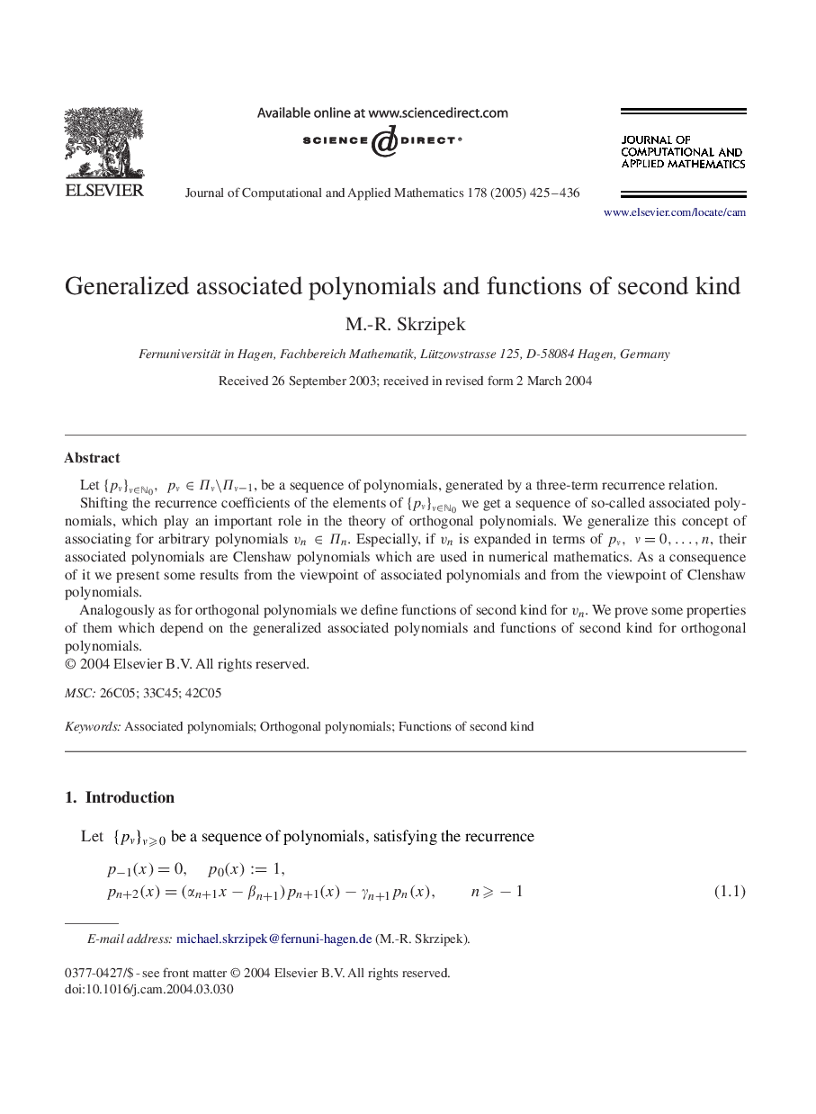 Generalized associated polynomials and functions of second kind