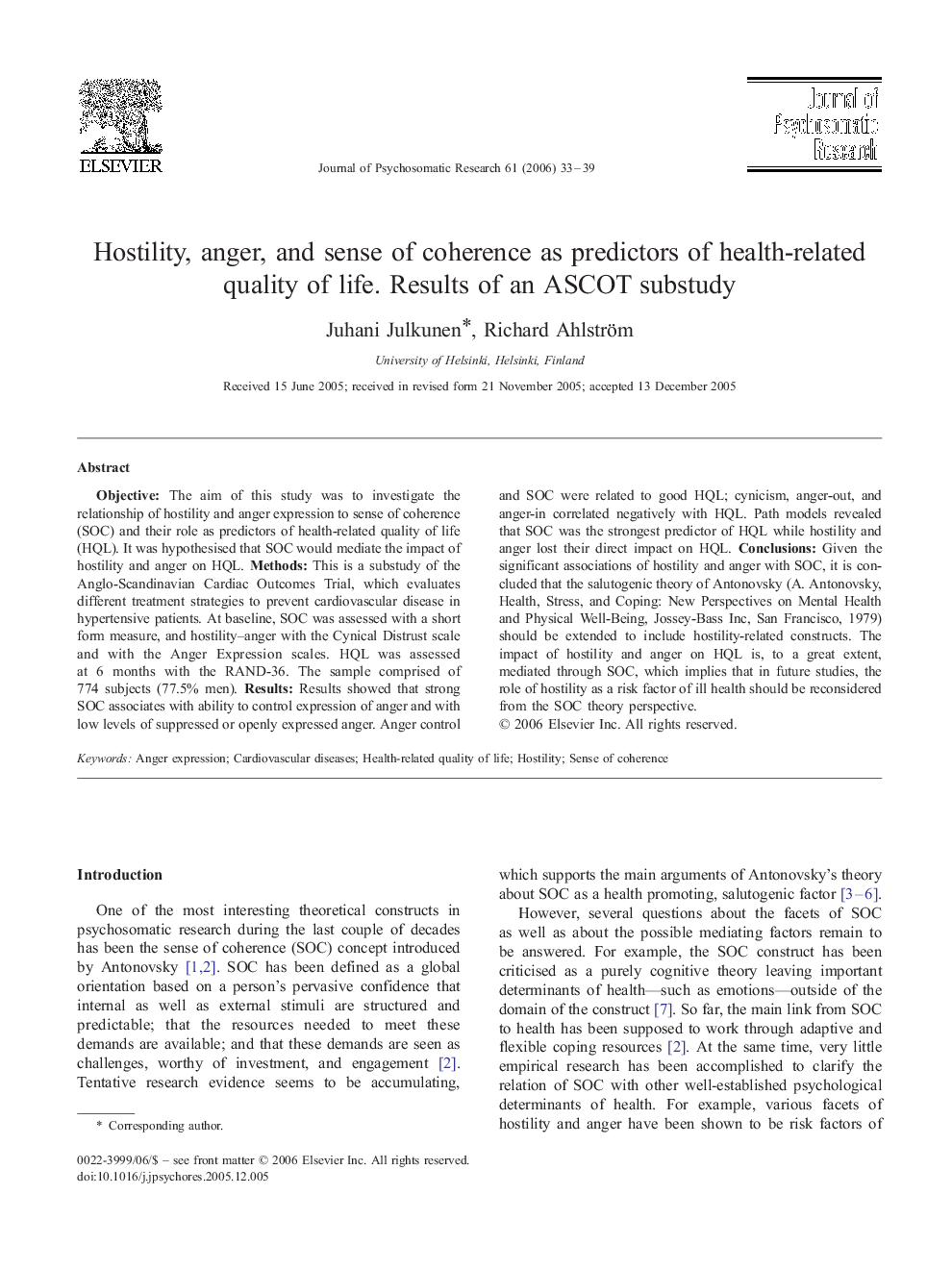 Hostility, anger, and sense of coherence as predictors of health-related quality of life. Results of an ASCOT substudy