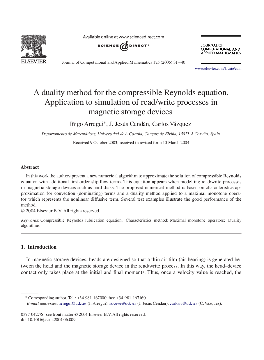 A duality method for the compressible Reynolds equation. Application to simulation of read/write processes in magnetic storage devices