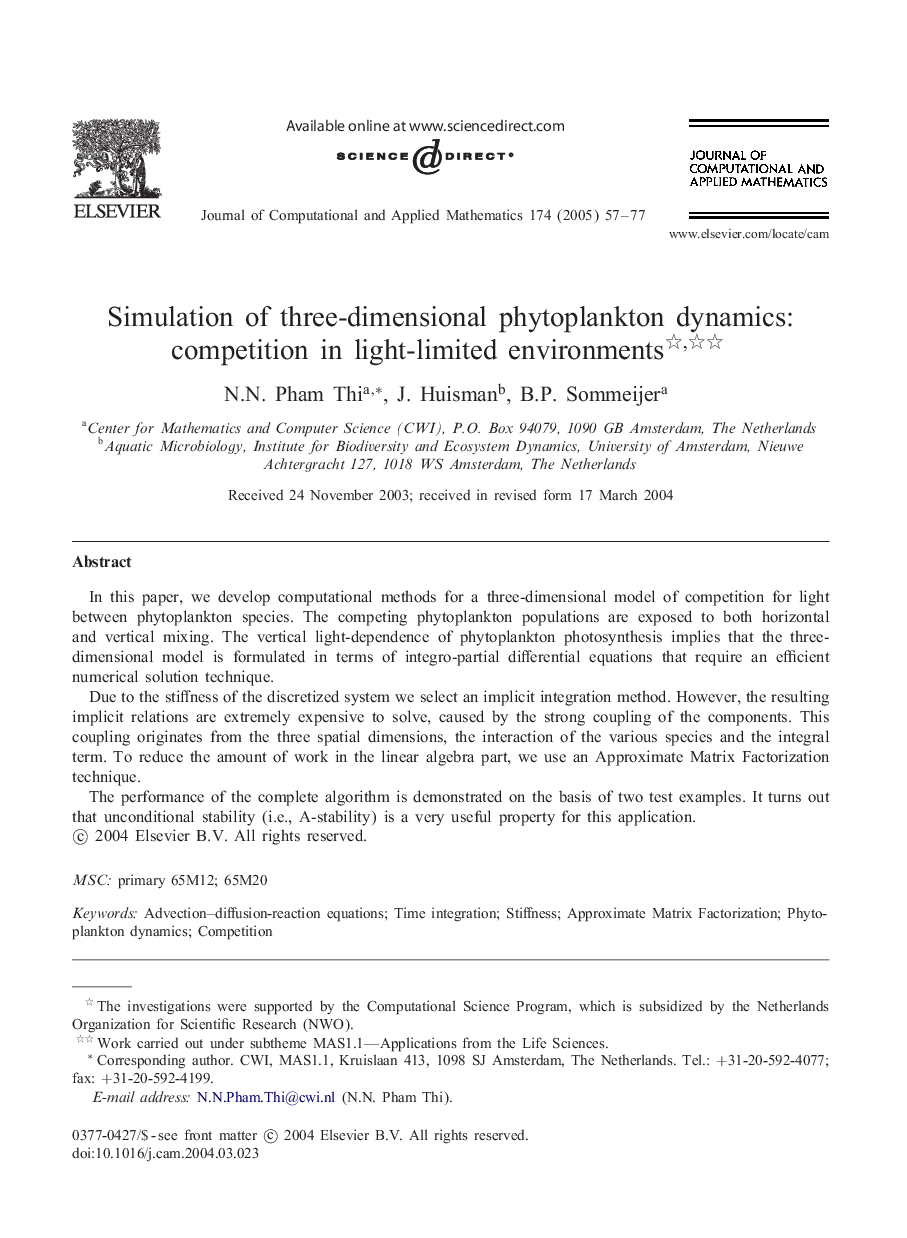 Simulation of three-dimensional phytoplankton dynamics: competition in light-limited environments