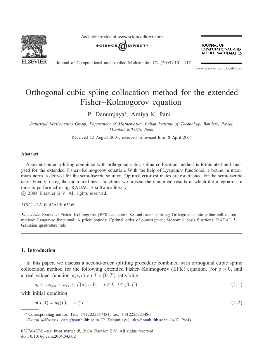 Orthogonal cubic spline collocation method for the extended Fisher-Kolmogorov equation